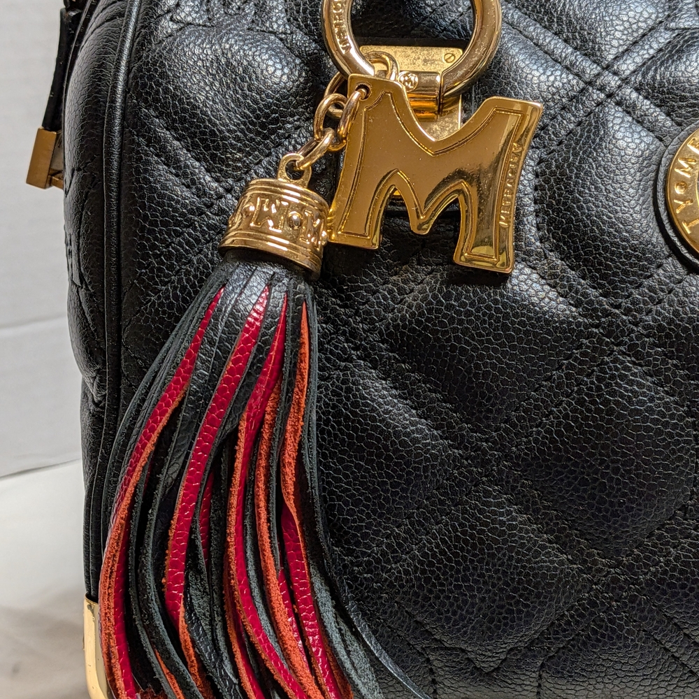 Metrocity Brand Black Quilted Satchel with Red and Mint Stripe - Picture 4 of 13